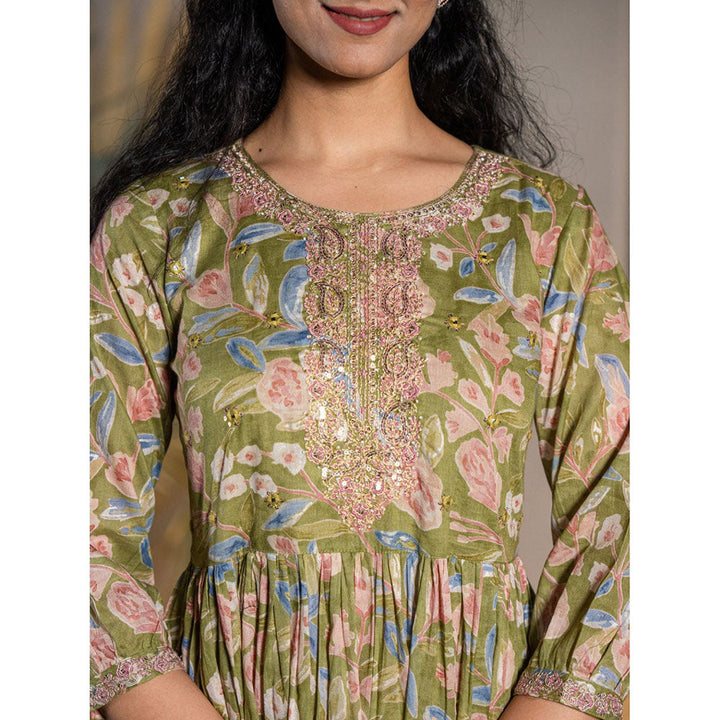 Yufta Green Pure Cotton Sequins Work, Embroidery & Gathers Dress