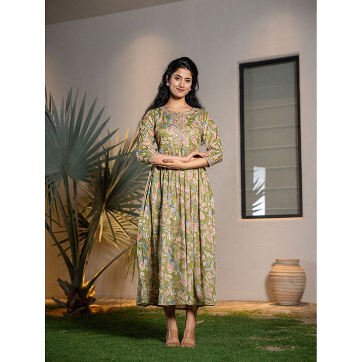 Yufta Green Pure Cotton Sequins Work, Embroidery & Gathers Dress