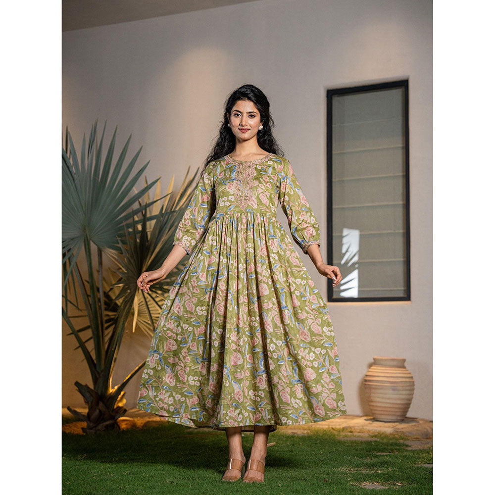 Yufta Green Pure Cotton Sequins Work, Embroidery & Gathers Dress