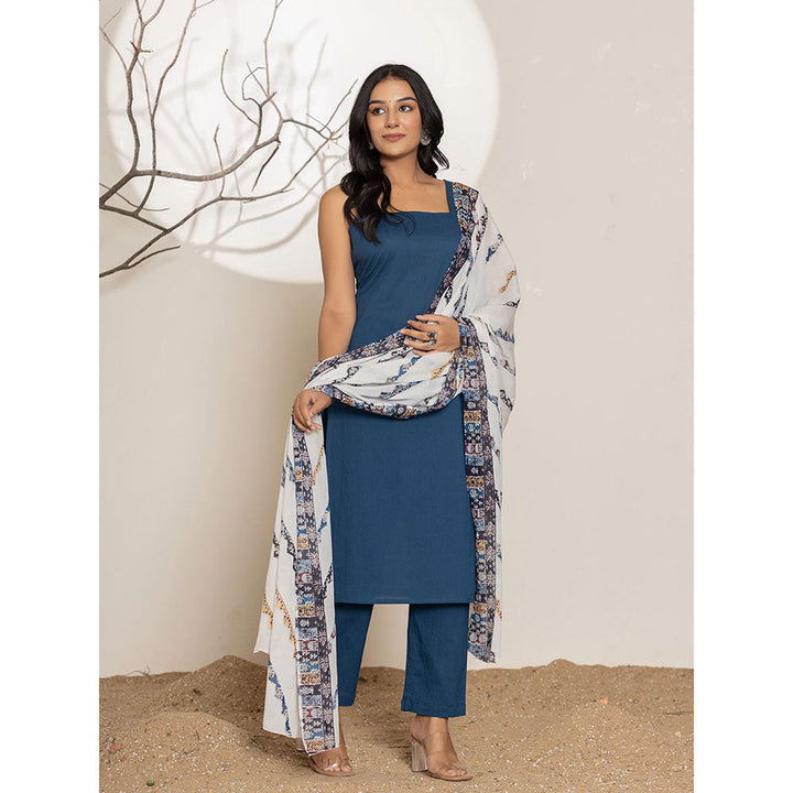 Yufta Blue Solid Cotton Straight Kurta Pant with Dupatta (Set of 3)