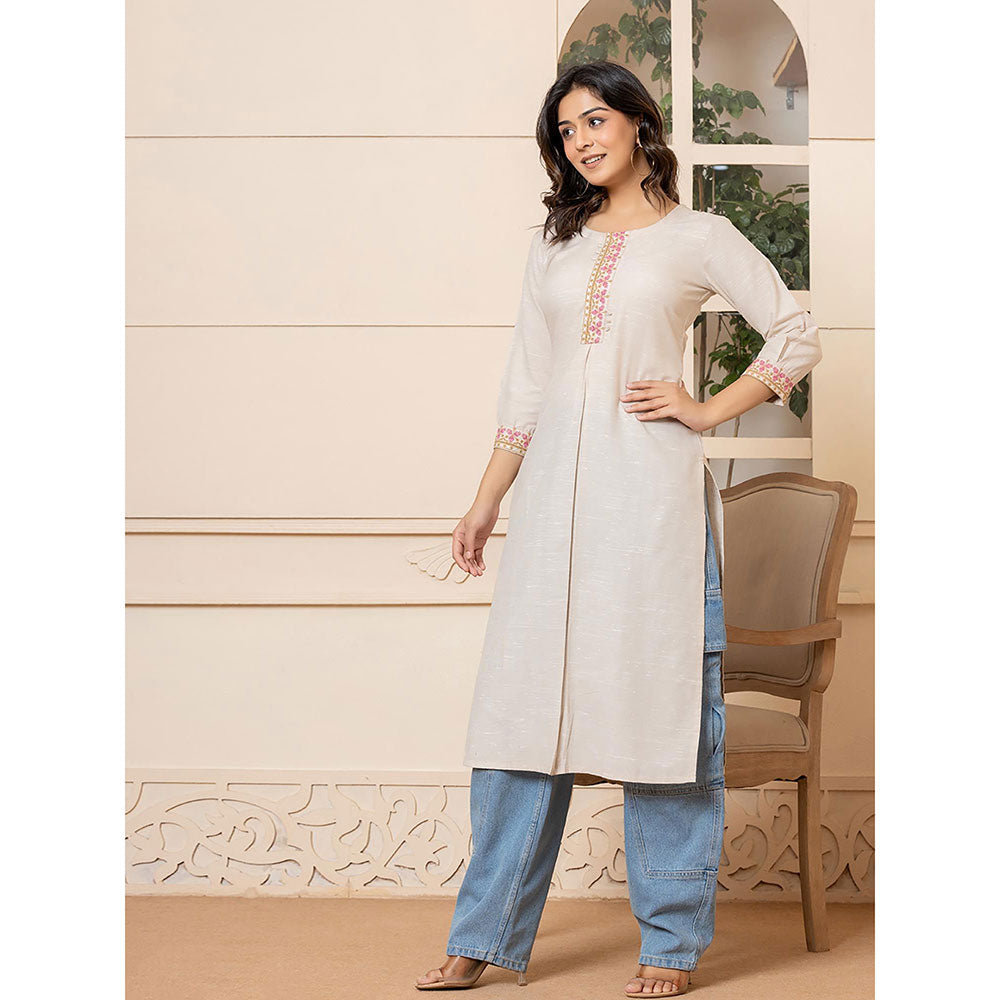 Yufta Women Beige Embroidered Linen Straight Fit Kurta