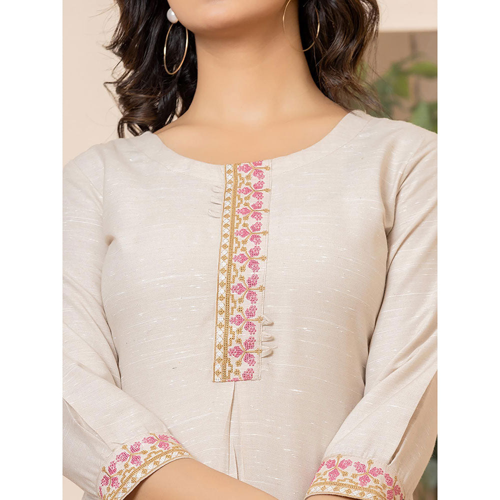 Yufta Women Beige Embroidered Linen Straight Fit Kurta