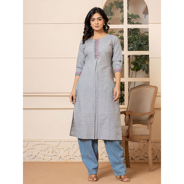 Yufta Women Grey Embroidered Linen Straight Fit Kurta