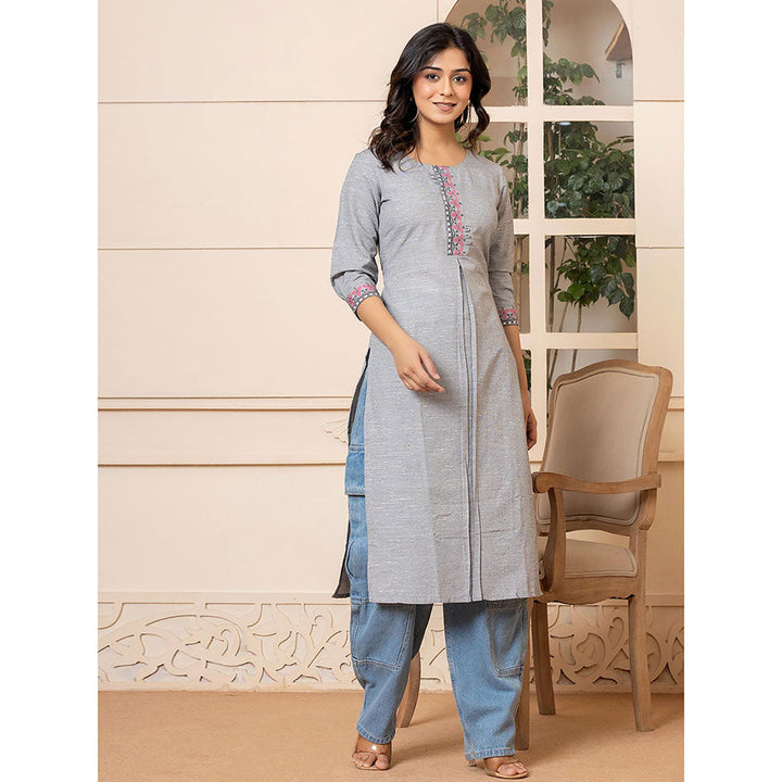 Yufta Women Grey Embroidered Linen Straight Fit Kurta