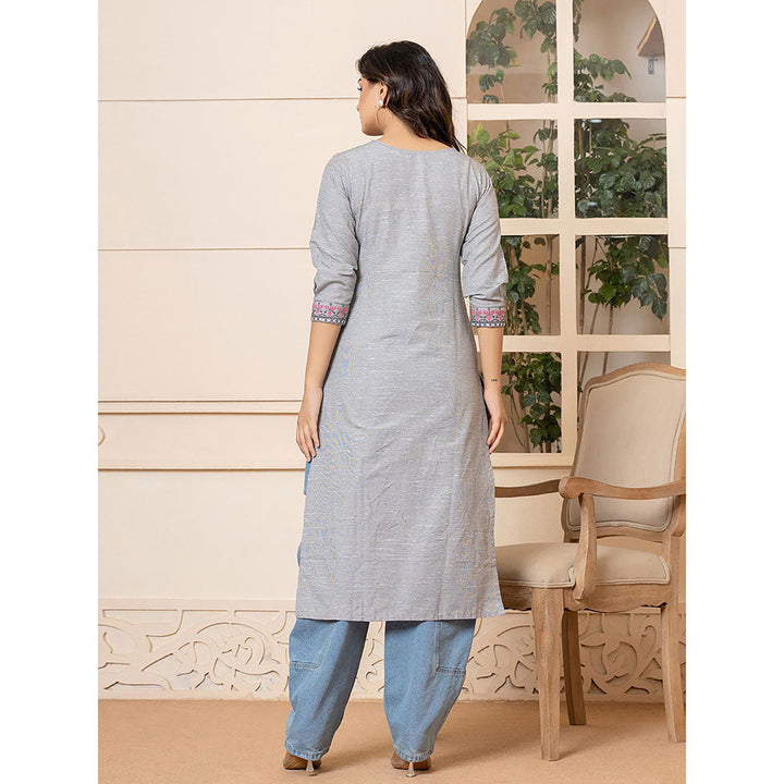 Yufta Women Grey Embroidered Linen Straight Fit Kurta