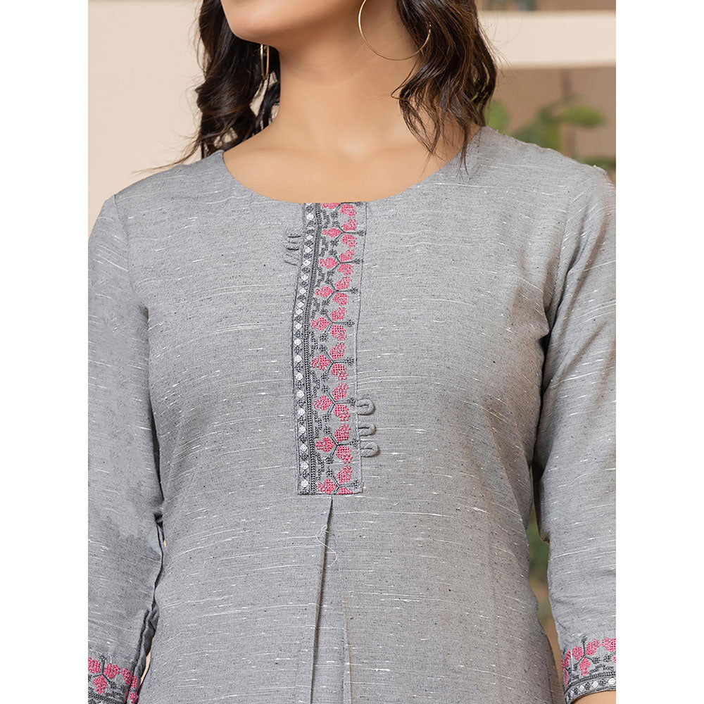 Yufta Women Grey Embroidered Linen Straight Fit Kurta