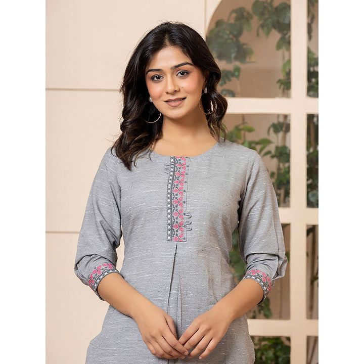 Yufta Women Grey Embroidered Linen Straight Fit Kurta