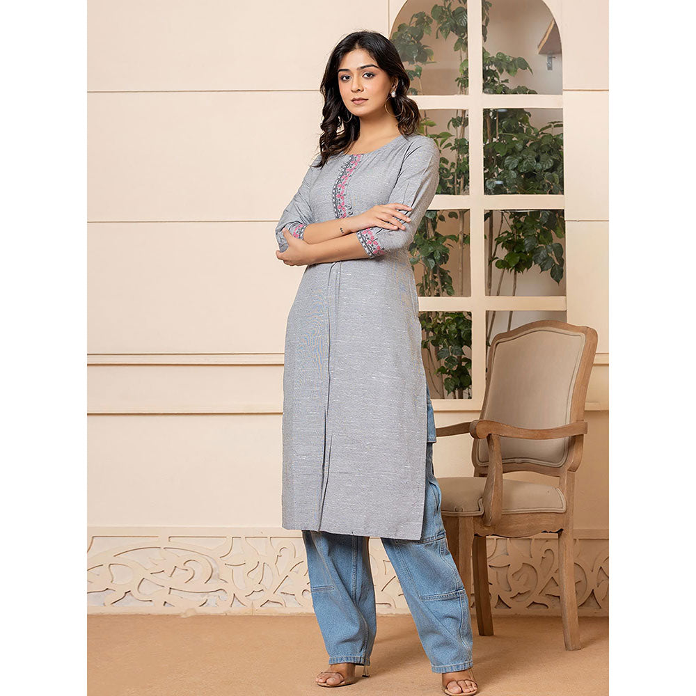 Yufta Women Grey Embroidered Linen Straight Fit Kurta