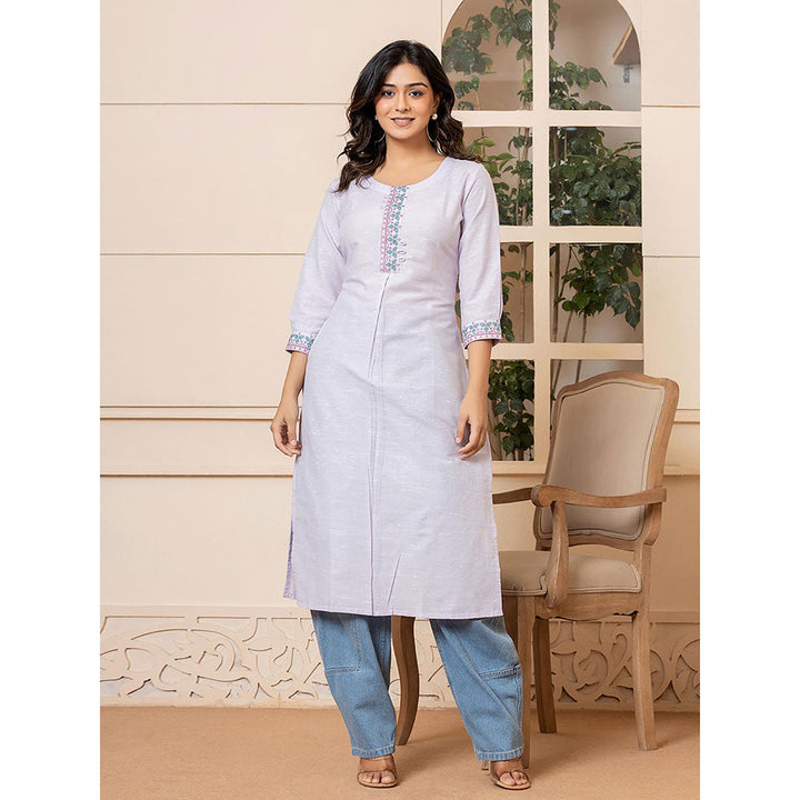 Yufta Women Lavender Embroidered Linen Straight Fit Kurta