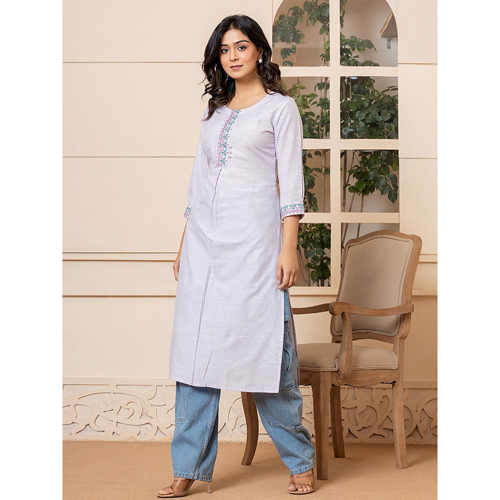 Yufta Women Lavender Embroidered Linen Straight Fit Kurta