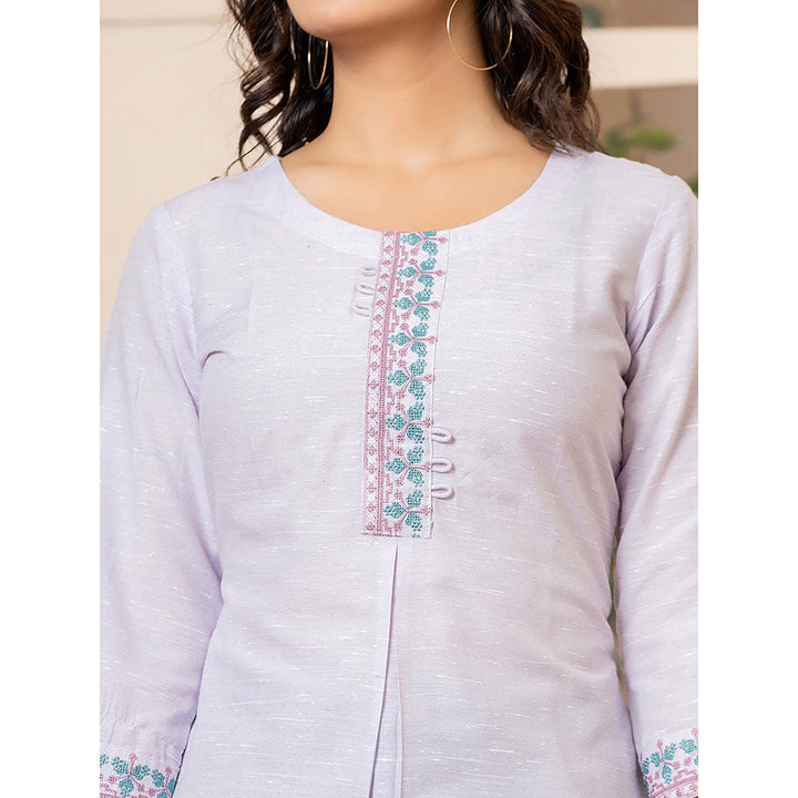 Yufta Women Lavender Embroidered Linen Straight Fit Kurta