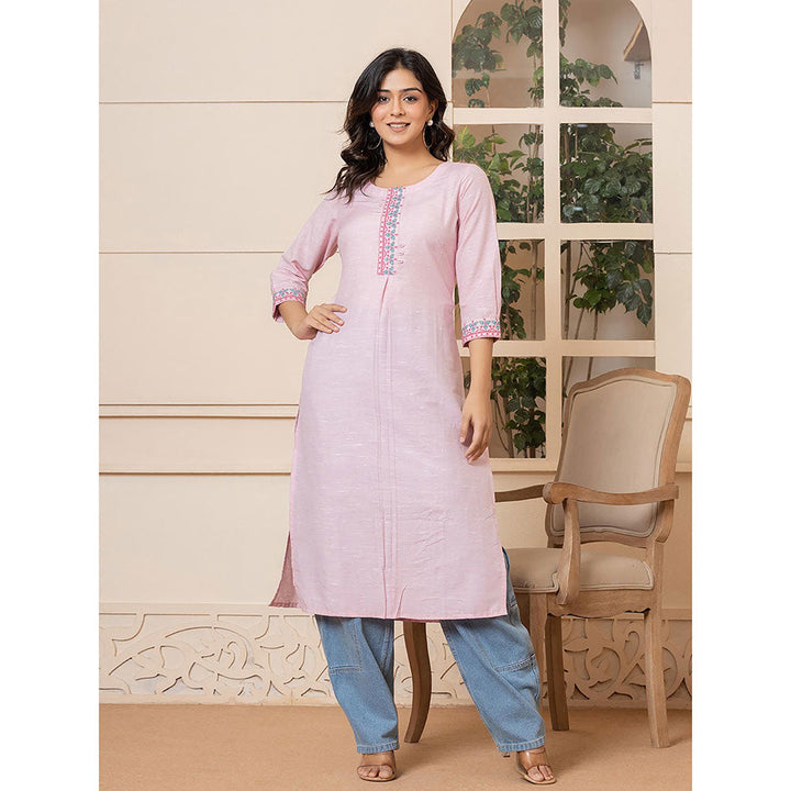 Yufta Women Pink Embroidered Linen Straight Fit Kurta