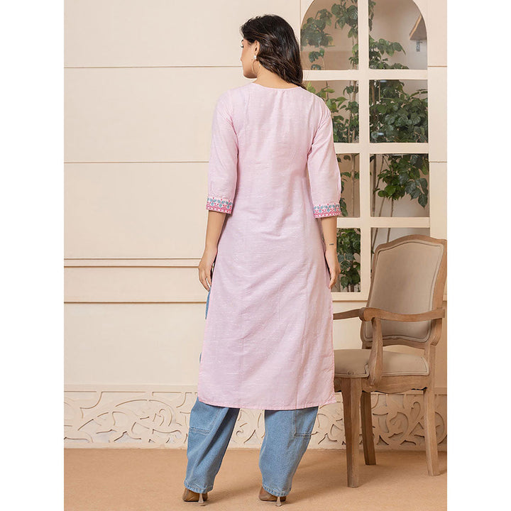 Yufta Women Pink Embroidered Linen Straight Fit Kurta