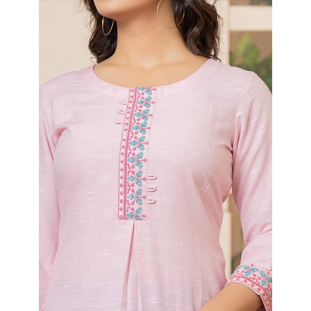 Yufta Women Pink Embroidered Linen Straight Fit Kurta