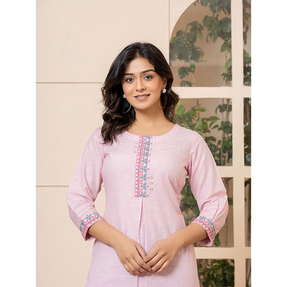 Yufta Women Pink Embroidered Linen Straight Fit Kurta