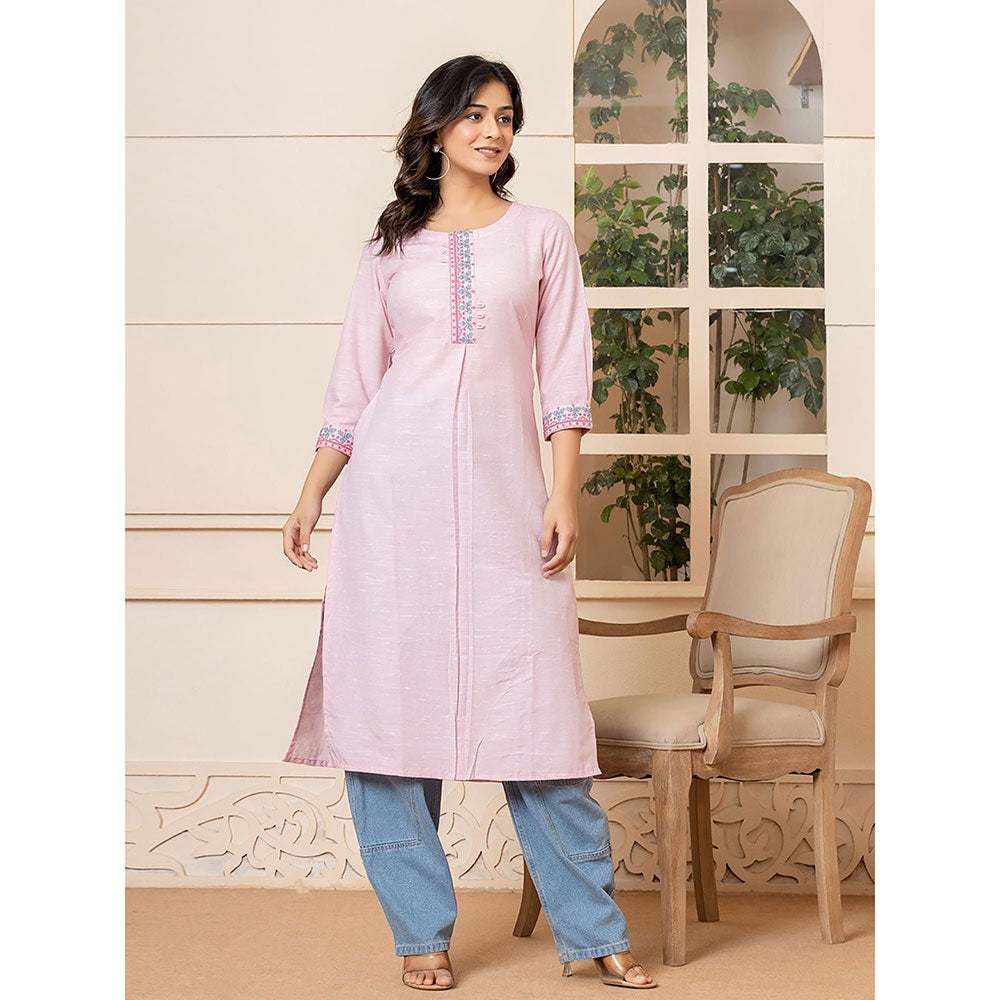 Yufta Women Pink Embroidered Linen Straight Fit Kurta