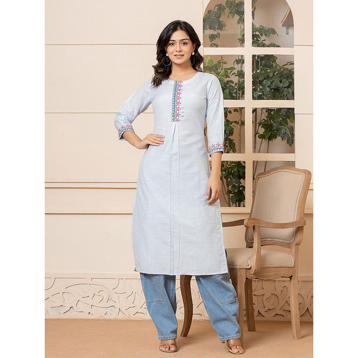 Yufta Women Blue Embroidered Linen Straight Fit Kurta