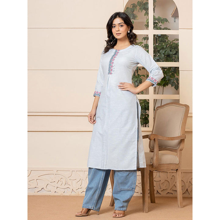 Yufta Women Blue Embroidered Linen Straight Fit Kurta