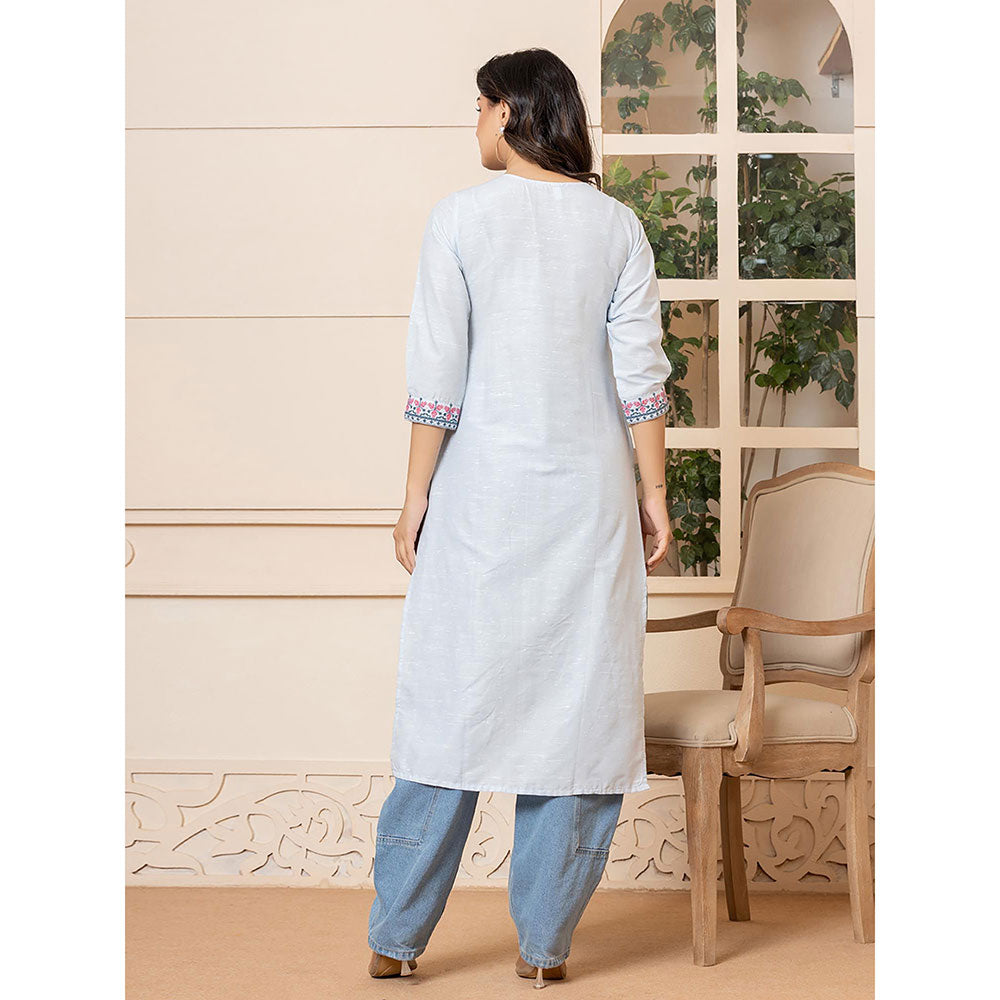 Yufta Women Blue Embroidered Linen Straight Fit Kurta