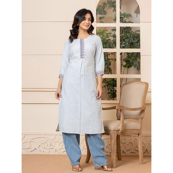 Yufta Women Blue Embroidered Linen Straight Fit Kurta