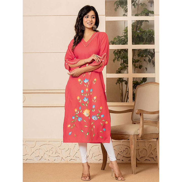 Yufta Women Peach Floral Cotton Straight Fit Kurta