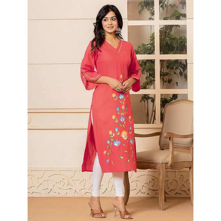 Yufta Women Peach Floral Cotton Straight Fit Kurta