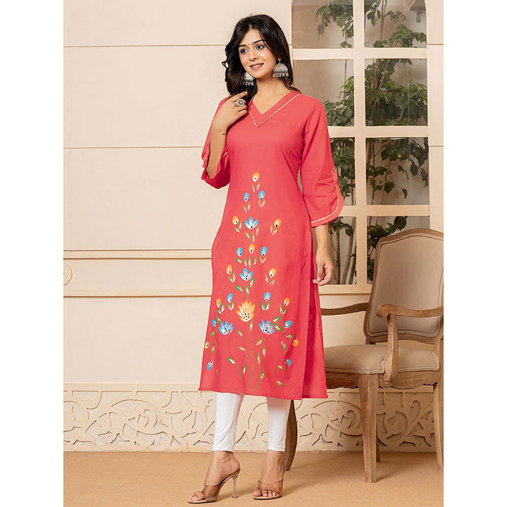 Yufta Women Peach Floral Cotton Straight Fit Kurta