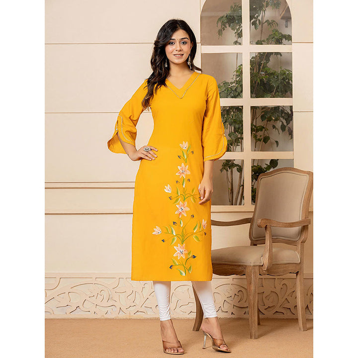 Yufta Women Mustard Floral Cotton Straight Fit Kurta