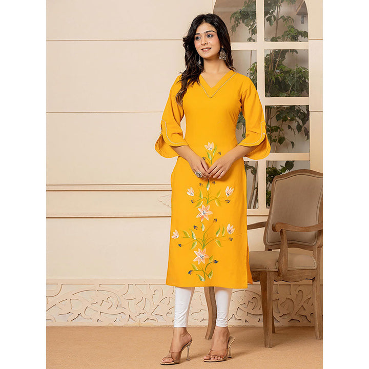 Yufta Women Mustard Floral Cotton Straight Fit Kurta