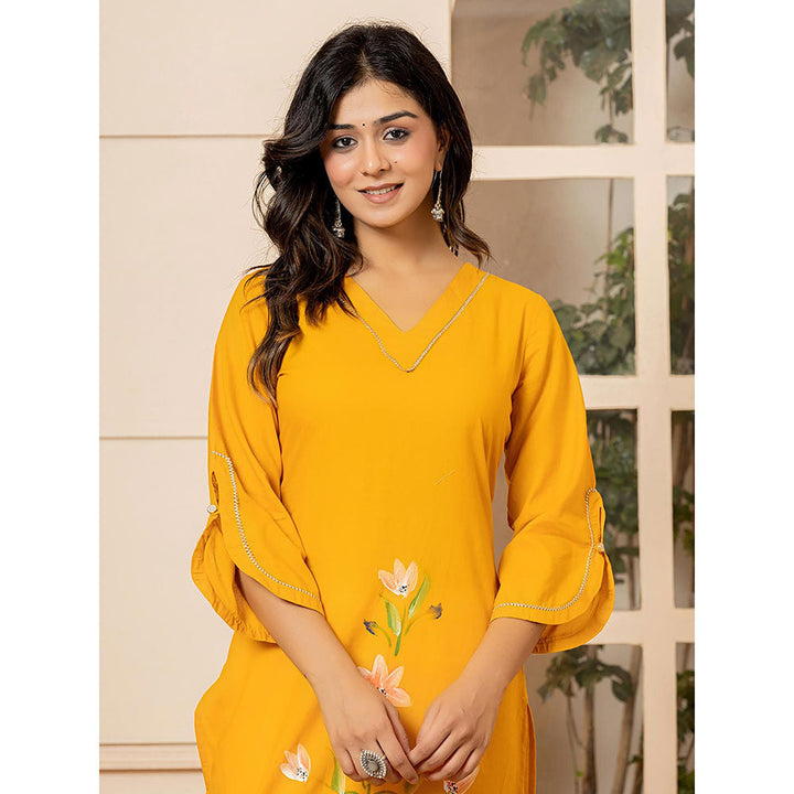 Yufta Women Mustard Floral Cotton Straight Fit Kurta