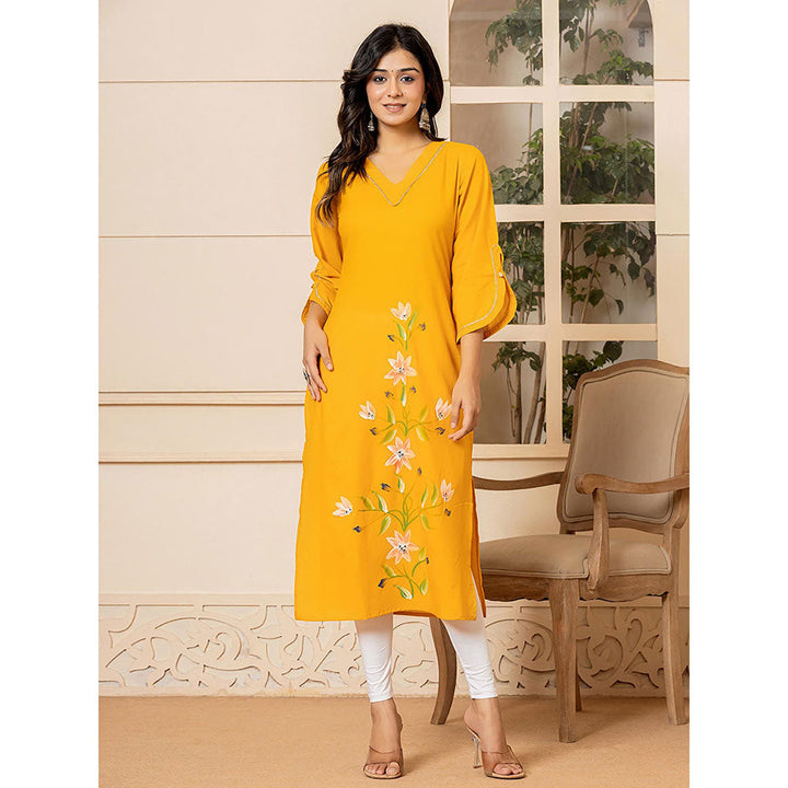 Yufta Women Mustard Floral Cotton Straight Fit Kurta