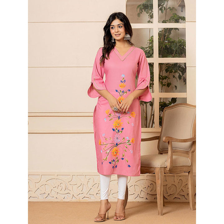 Yufta Women Pink Floral Cotton Straight Fit Kurta