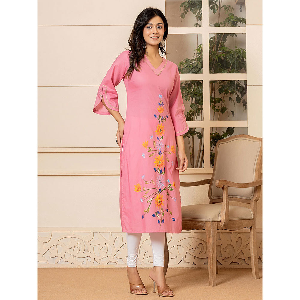 Yufta Women Pink Floral Cotton Straight Fit Kurta