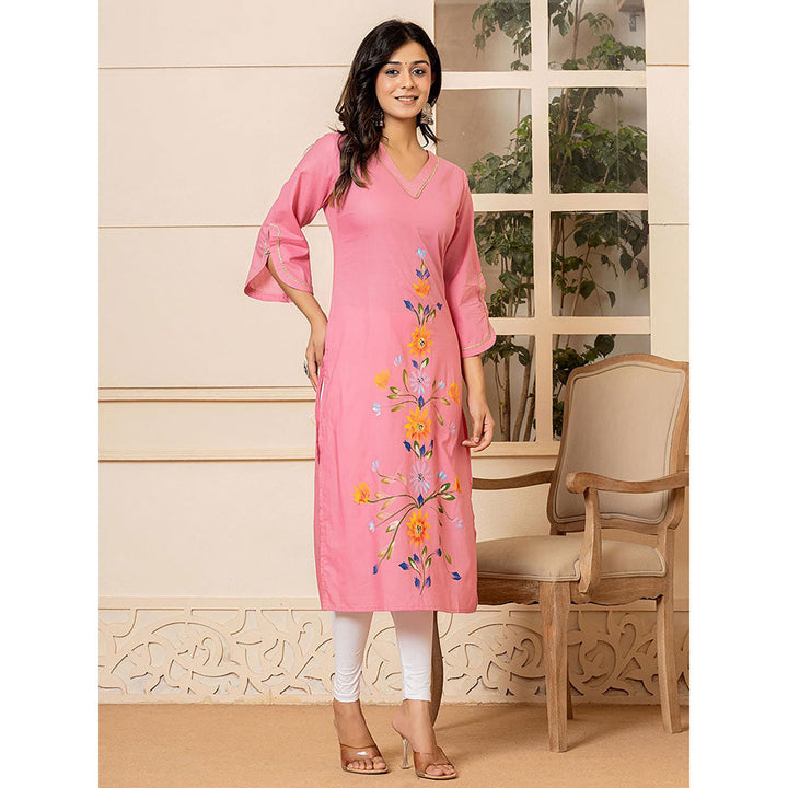 Yufta Women Pink Floral Cotton Straight Fit Kurta