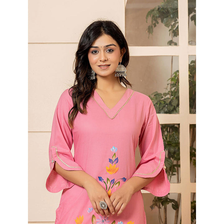 Yufta Women Pink Floral Cotton Straight Fit Kurta