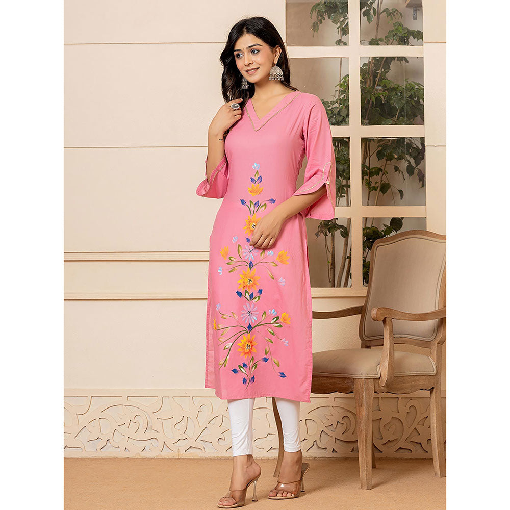 Yufta Women Pink Floral Cotton Straight Fit Kurta