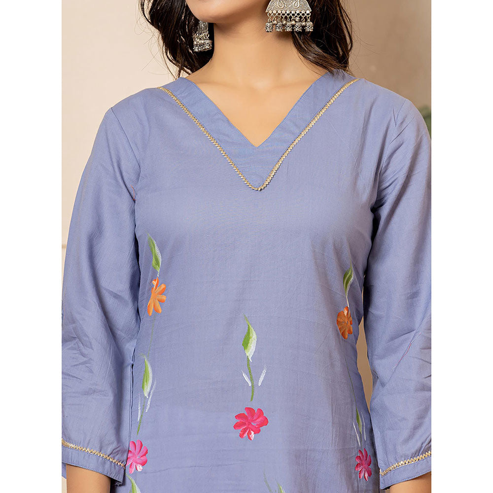 Yufta Women Purple Floral Cotton Straight Fit Kurta