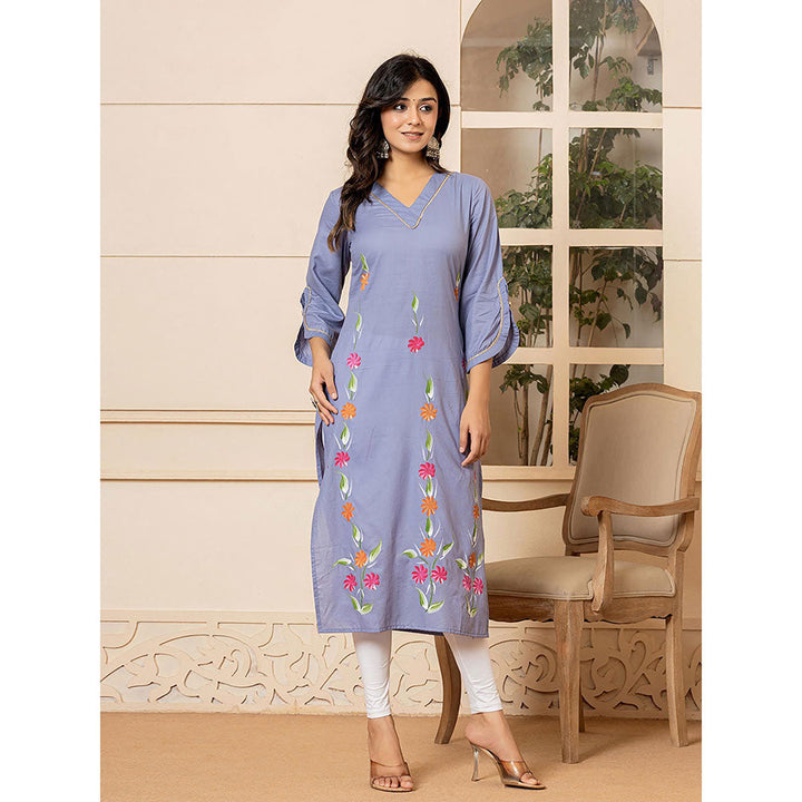 Yufta Women Purple Floral Cotton Straight Fit Kurta