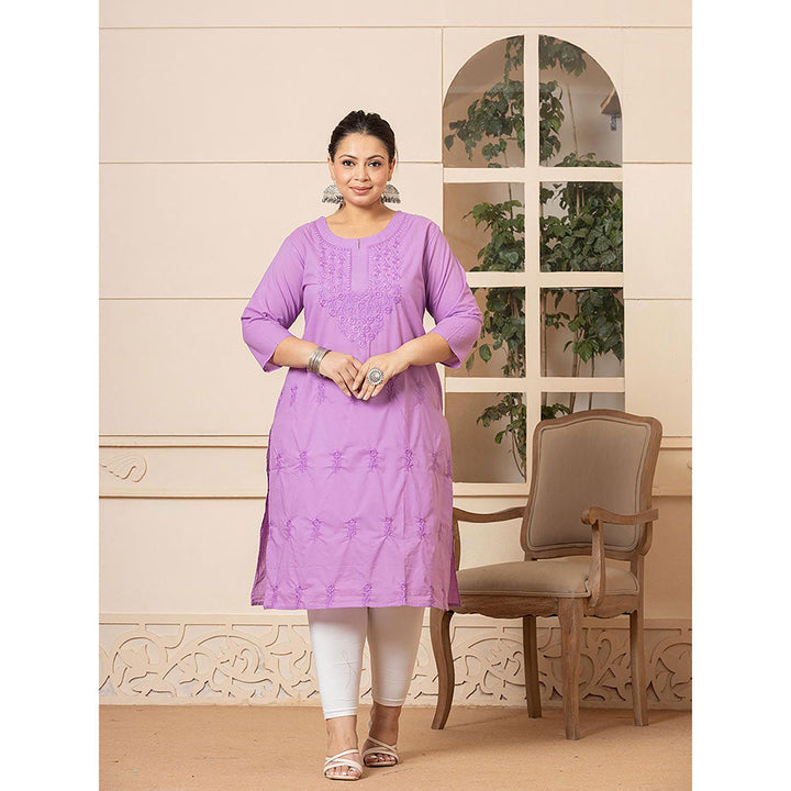 Yufta Women Lavender Embroidered Cotton Straight Fit Kurta