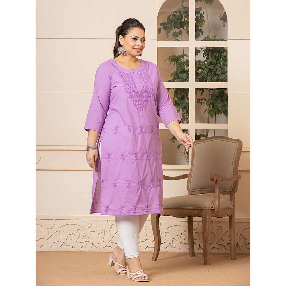 Yufta Women Lavender Embroidered Cotton Straight Fit Kurta