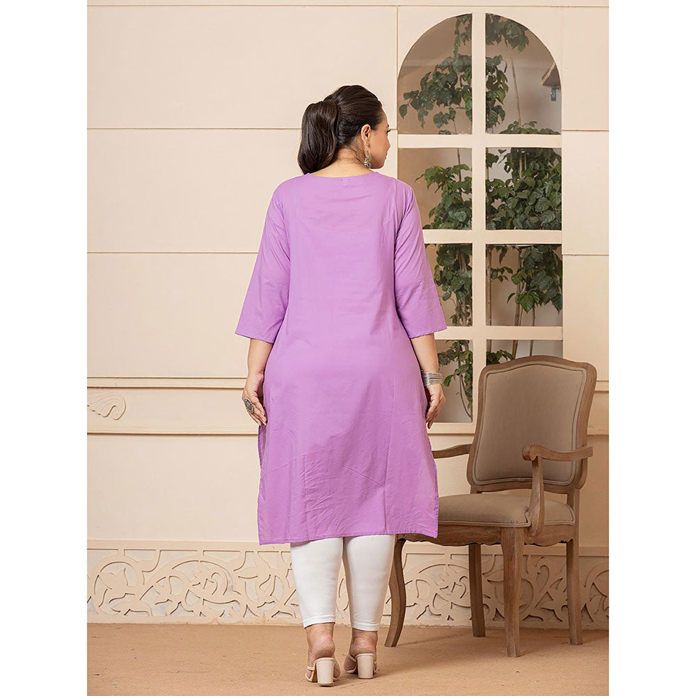 Yufta Women Lavender Embroidered Cotton Straight Fit Kurta