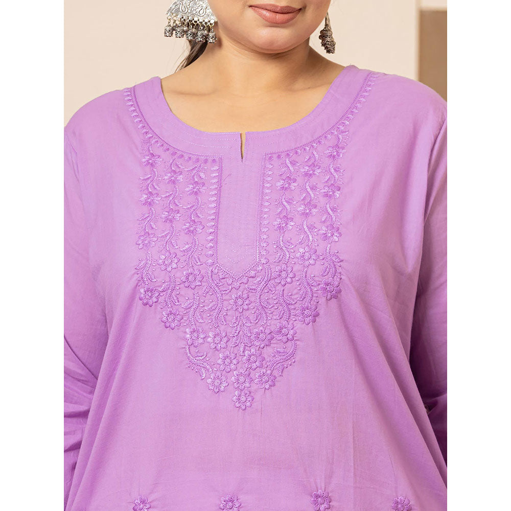 Yufta Women Lavender Embroidered Cotton Straight Fit Kurta