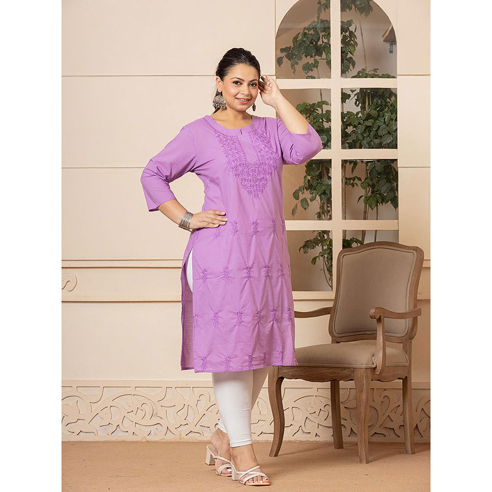 Yufta Women Lavender Embroidered Cotton Straight Fit Kurta