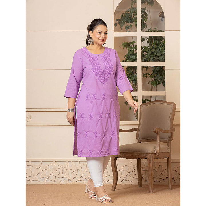 Yufta Women Lavender Embroidered Cotton Straight Fit Kurta