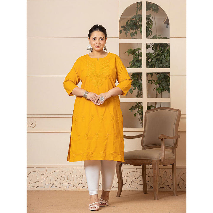 Yufta Women Mustard Embroidered Cotton Straight Fit Kurta