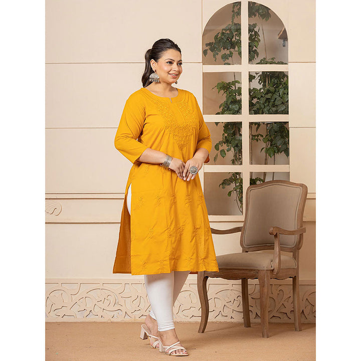 Yufta Women Mustard Embroidered Cotton Straight Fit Kurta