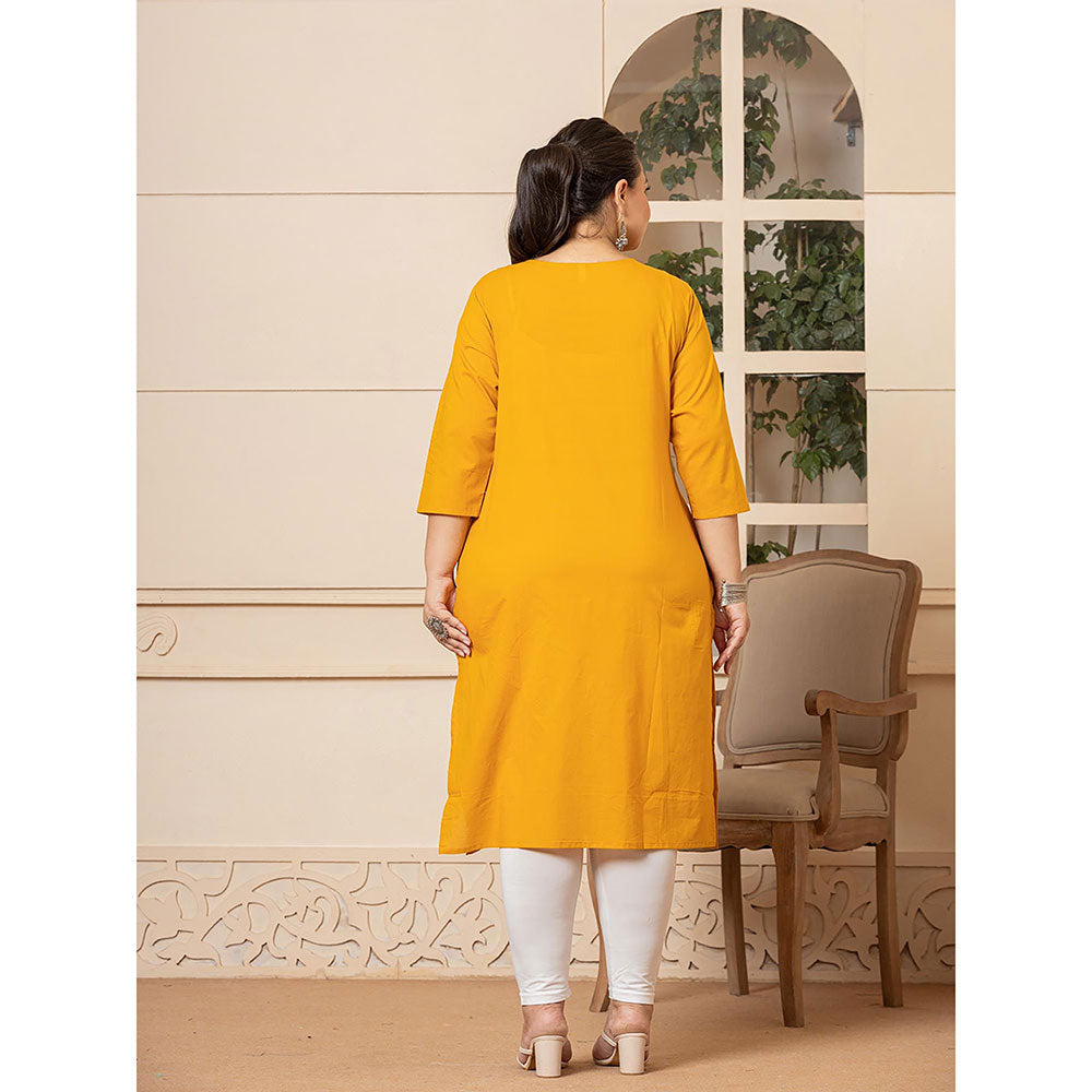 Yufta Women Mustard Embroidered Cotton Straight Fit Kurta