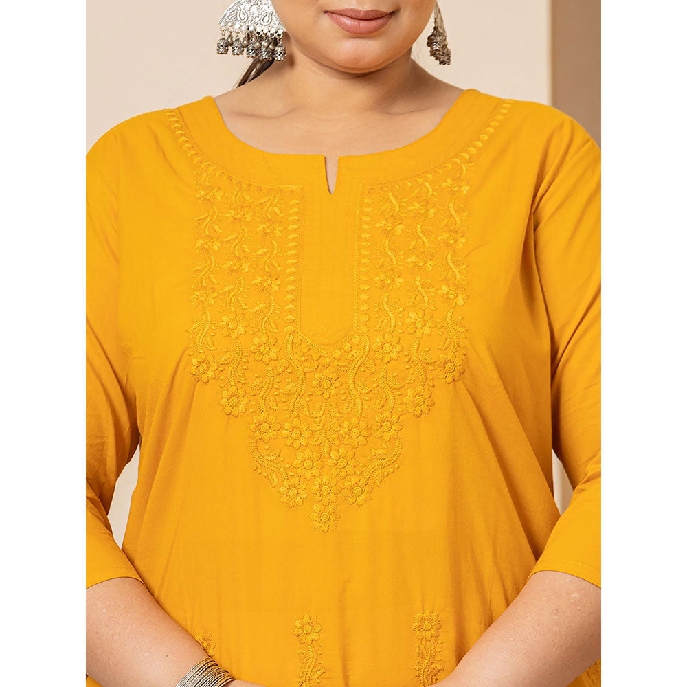 Yufta Women Mustard Embroidered Cotton Straight Fit Kurta