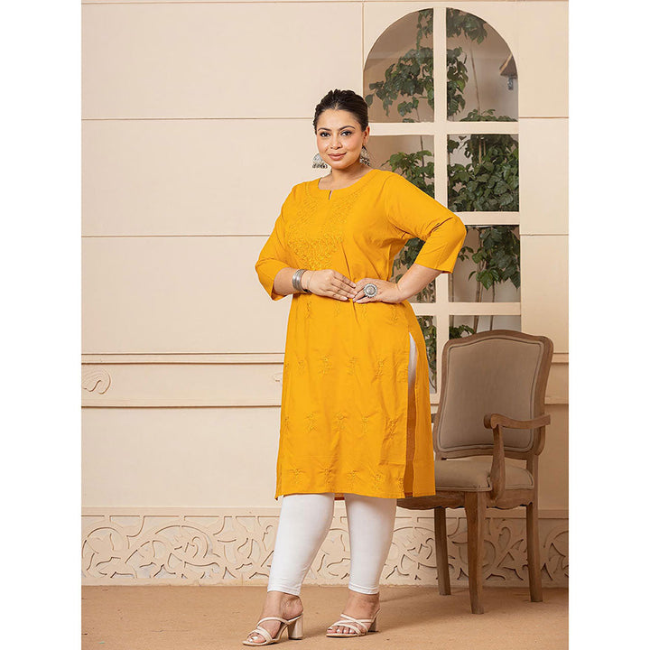 Yufta Women Mustard Embroidered Cotton Straight Fit Kurta