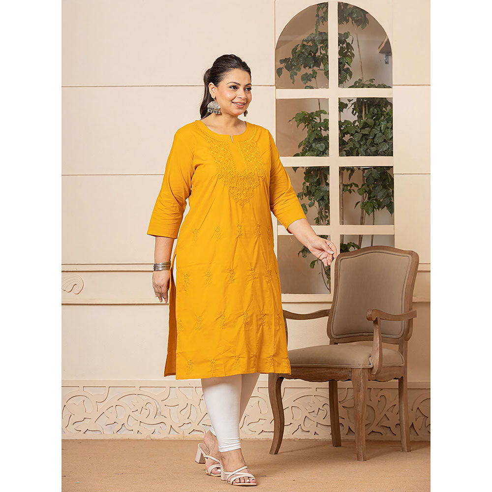 Yufta Women Mustard Embroidered Cotton Straight Fit Kurta